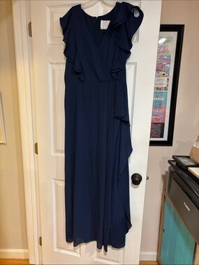 David's Bridal Navy Ruffle Wrap Maxi Dress